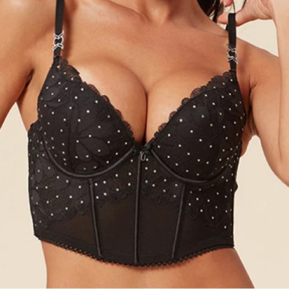 3️⃣6️⃣6️⃣ SHARON Sexy Black Lace Push-Up Corset Long Bra with Rhinestones